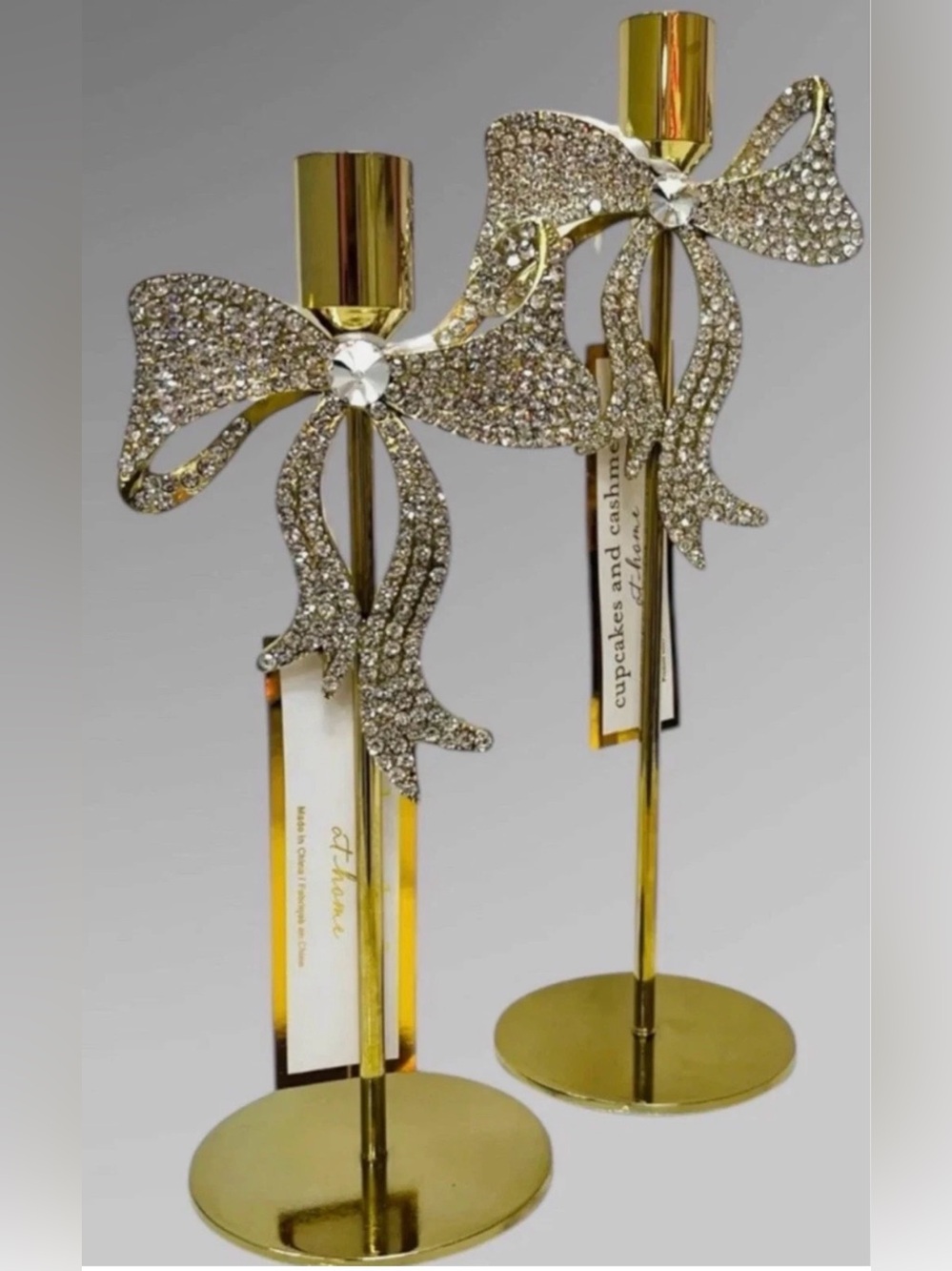 Gold Bow Crystal Taper Candle Holders - Elegant Home Accent
